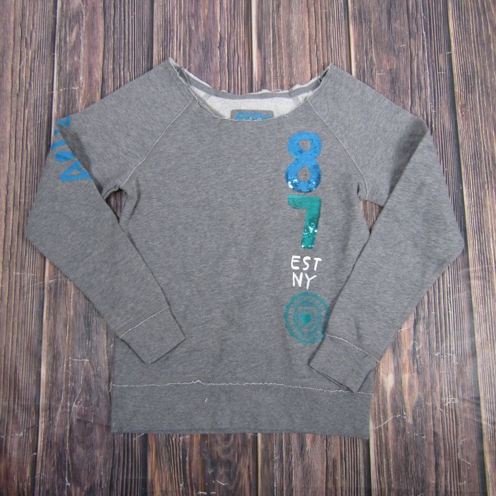 AERO Live Love Dream Sweatshirt Womens Small Gray Raglan Pullover Sequin 87